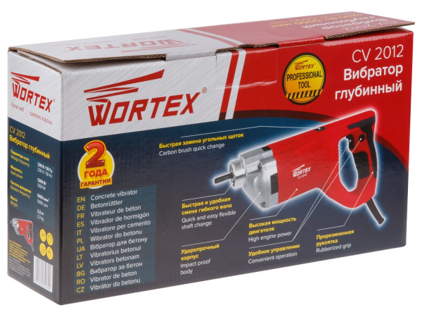 Вибратор глубинный WORTEX CV 2012 в кор. + Вал гибкий 2 м в сборе с вибронаконеч