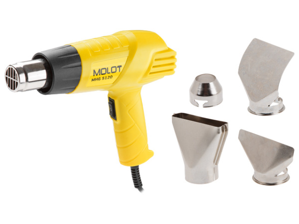 Термовоздуходувка MOLOT MHG 5120 в кор. + набор сопл (2000 Вт, 2 скор., 350-550 °С, ступенч. рег.,300-500 л/мин)